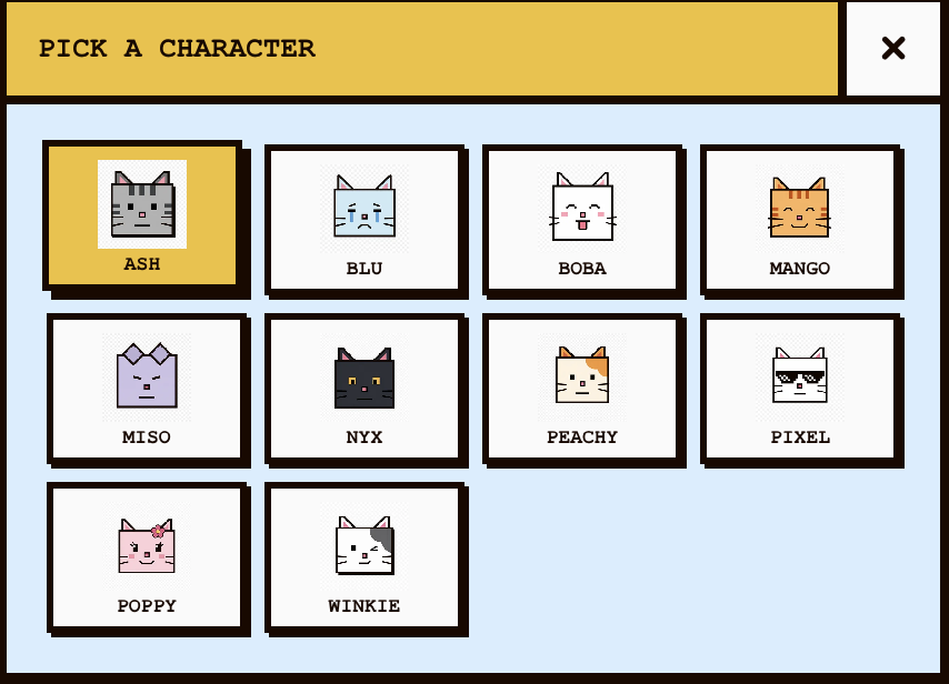 Pixel cat character selection in Moodle