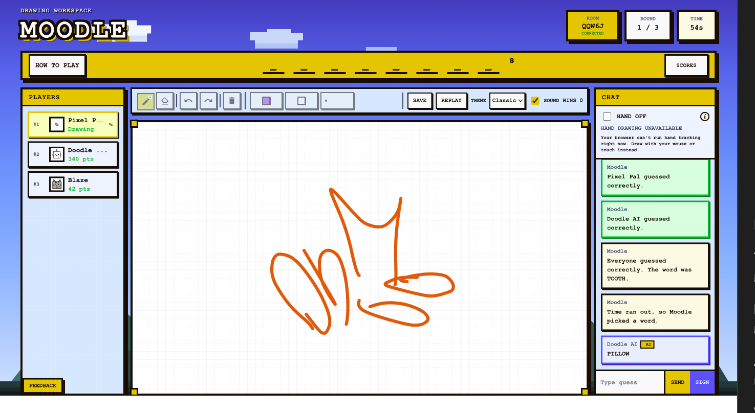 Moodle drawing round with AI guesses and an orange canvas sketch