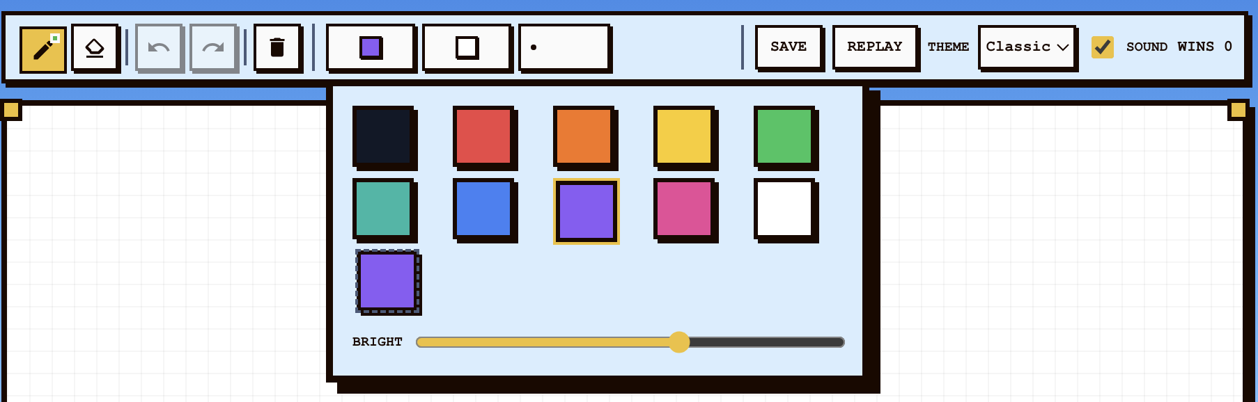 Moodle drawing toolbar with color, paper, brush, save, replay, and theme controls