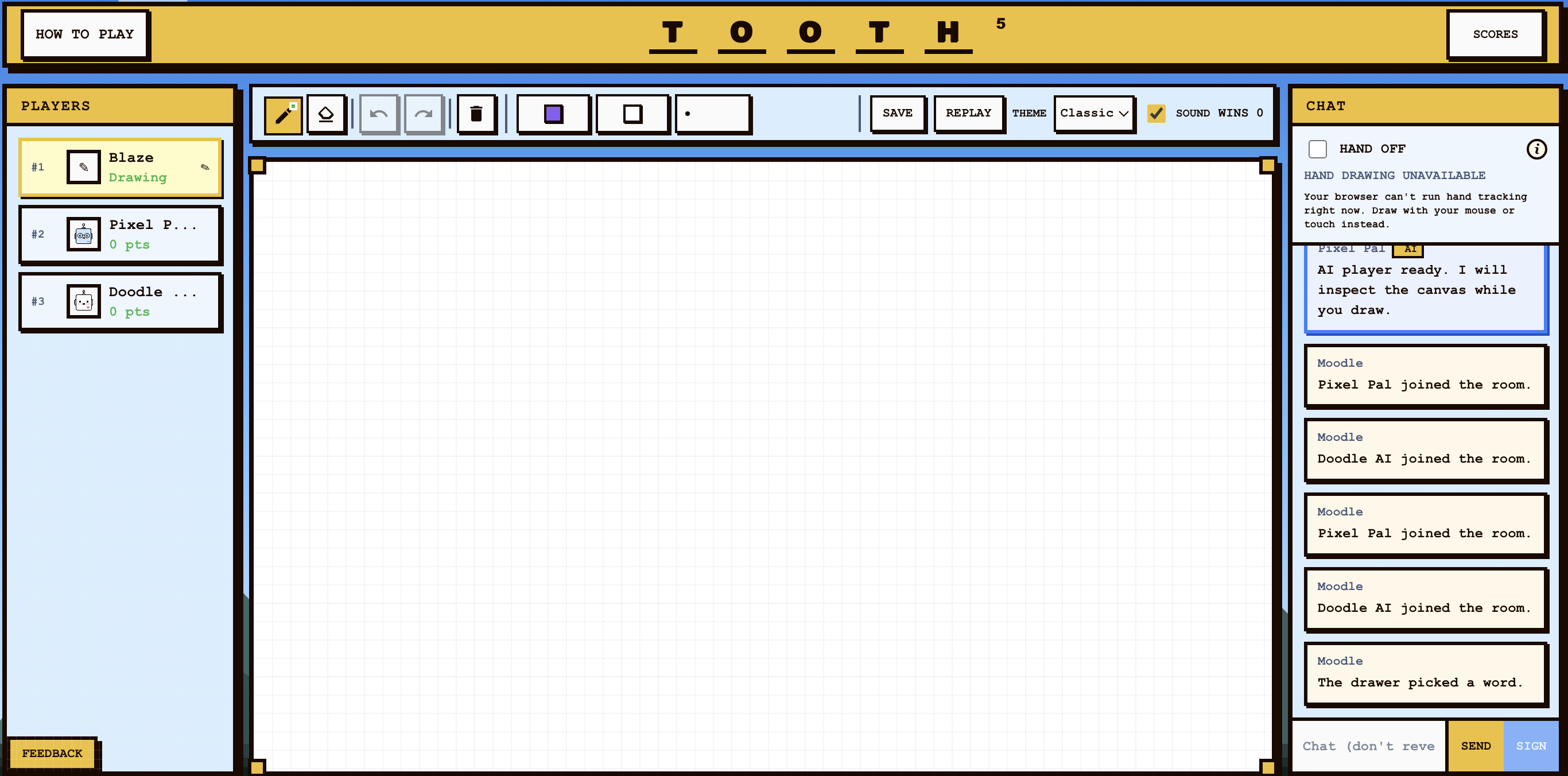 Wide Moodle gameplay interface during a drawing round