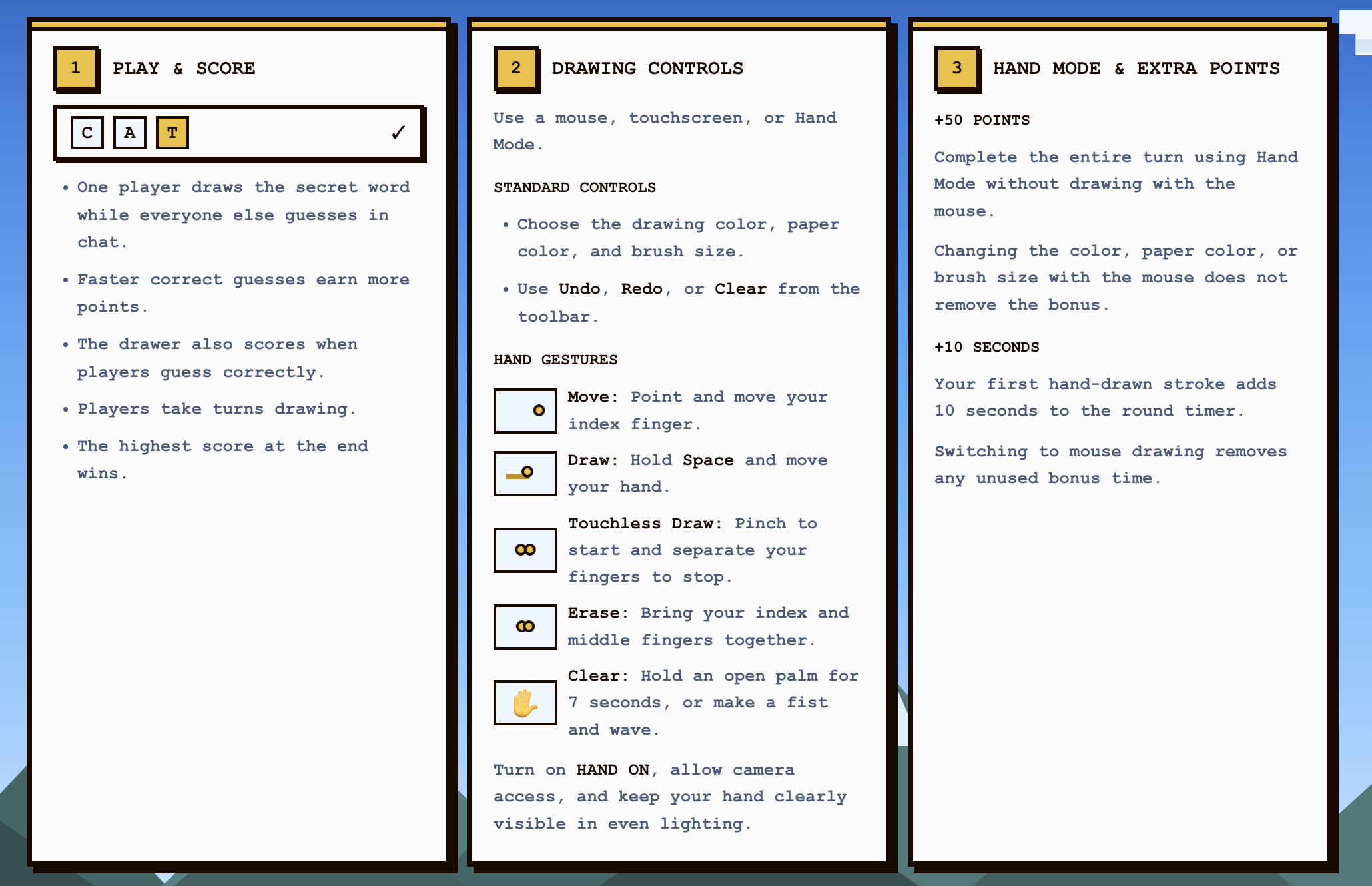 Three-panel Moodle guide for gameplay, drawing controls, and hand-mode points