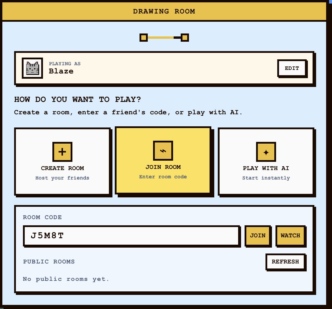 Moodle drawing room with create, join, and play-with-AI choices