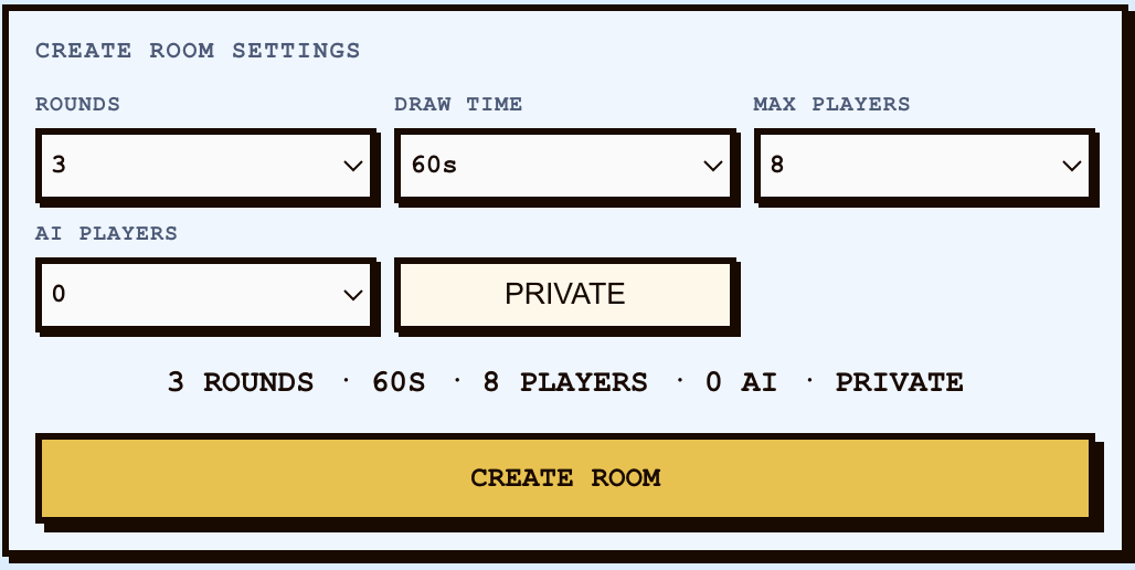 Moodle room settings for rounds, draw time, players, and AI