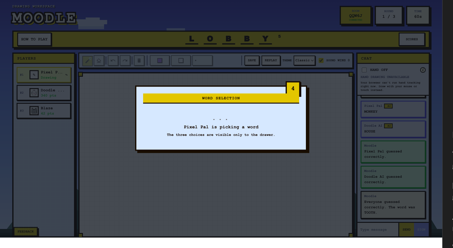 Moodle AI player choosing a secret drawing word
