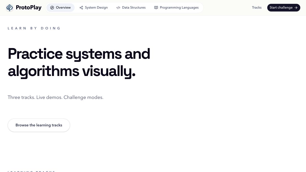 ProtoPlay homepage introducing visual systems and algorithm practice